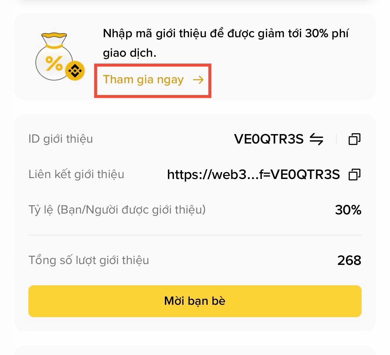 Giao dịch trên Binance với bên mình, bạn sẽ nhận ngay 30% hoàn tiền phí giao dịch! 